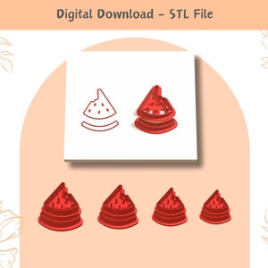 May include: Digital download of an STL file for a 3D printable watermelon slice cookie cutter. The image shows a line drawing of the cutter and four 3D printed examples in red.
