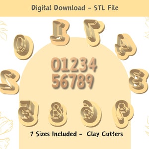 May include: A set of 10 gold-colored clay cutters shaped like numbers 0-9. The numbers are arranged in a circle with the numbers 01234 in the top half and 56789 in the bottom half. The text "7 Sizes Included - Clay Cutters" is at the bottom of the image.