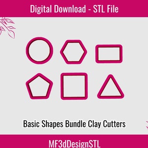 Może przedstawiać: Zestaw sześciu różowych plastikowych foremek do gliny w kształcie koła, gwiazdy, kwadratu, prostokąta, pięciokąta i trójkąta. Formy są ułożone w dwóch rzędach po trzy. Tekst "Basic Shapes Bundle Clay Cutters" znajduje się pod formami. Tekst "MF3dDesignSTL" znajduje się na dole obrazu.