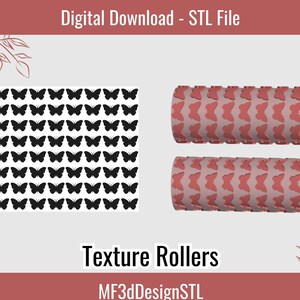 May include: Two 3D printed texture rollers with a butterfly pattern. The rollers are pink and the butterflies are black. The image also shows a black and white pattern of butterflies.
