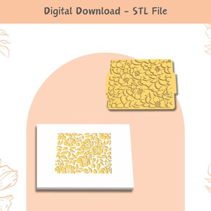 Puede incluir: Descarga digital de archivo STL de un diseño floral. El diseño presenta un patrón repetitivo de flores amarillas y hojas.