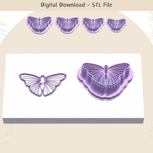 Peut inclure: Téléchargement numérique d'un fichier STL pour une emporte-pièce papillon à imprimer en 3D. L'image montre un emporte-pièce papillon violet avec un design détaillé.