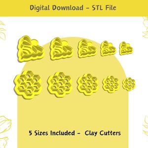 May include: Five different sizes of yellow plastic bee and honeycomb clay cutters. Digital download - STL file. 5 Sizes Included - Clay Cutters