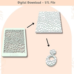 Puede incluir: Una descarga digital de un archivo STL para una impresión 3D. El diseño es un patrón floral blanco con una superficie texturizada. La imagen muestra el diseño en 2D y 3D.