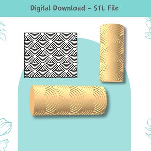 May include: A digital download of an STL file for a 3D printed rolling pin with a geometric pattern. The pattern is made up of overlapping circles and arcs, creating a wave-like design. The rolling pin is shown in two orientations, one standing upright and one lying flat.