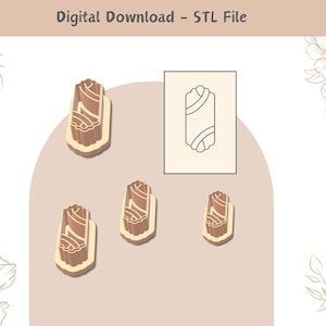 Peut inclure: Quatre emportes-pièces imprimés en 3D de couleur brun et blanc en forme de spirale. Les emportes-pièces sont sur un fond brun clair. L'image comprend également un dessin au trait noir et blanc d'un design similaire.