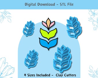 Cortador de arcilla de 3 partes de flores y hojas para arcilla polimérica / Archivo STL digital / Herramientas de arcilla / Cortadores de arcilla en relieve de 4 tamaños