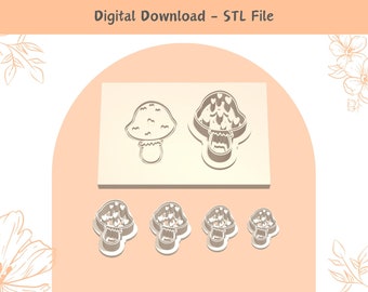Pode incluir: Download digital de arquivo STL para impressão 3D de cortadores de biscoitos em forma de cogumelo. O arquivo inclui cinco tamanhos diferentes de cortadores de biscoitos em forma de cogumelo, com um cortador de cogumelo grande e quatro cortadores de cogumelo menores.