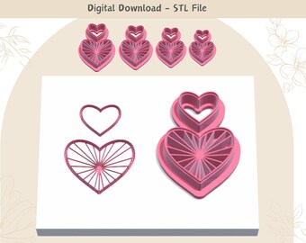 Taglierina per argilla a forma di cuore con linee: design di gioielli e biscotti (file STL digitale)