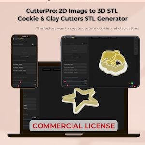 Pode incluir: Gráfico de download digital que promove o software CutterPro para criar cortadores STL 3D para biscoitos e argila. A imagem mostra um laptop, tablet e telefone exibindo a interface do software. Uma estrela e um cortador de biscoito também são visíveis. O texto "COMMERCIAL LICENSE" é exibido.