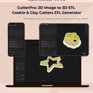 May include: An image promoting CutterPro software, a digital download. It features a laptop, tablet, and phone showing the software interface. The text reads "CutterPro: 2D Image to 3D STL Cookie & Clay Cutters STL Generator."