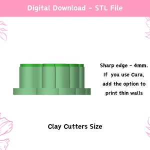 May include: A 3D printable model of a clay cutter with a sharp edge. The cutter is green and has a 4 mm edge. The text "Sharp edge - 4mm. If you use Cura, add the option to print thin walls" is visible in the image. The text "Clay Cutters Size" is also visible in the image.