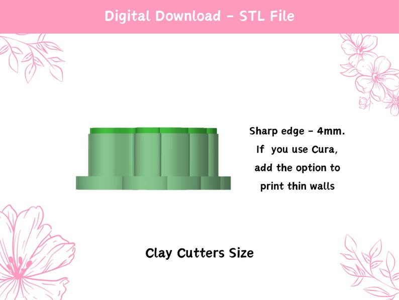 May include: A 3D printable model of a clay cutter with a sharp edge. The cutter is green and has a 4 mm edge. The text "Sharp edge - 4mm. If you use Cura, add the option to print thin walls" is visible in the image. The text "Clay Cutters Size" is also visible in the image.