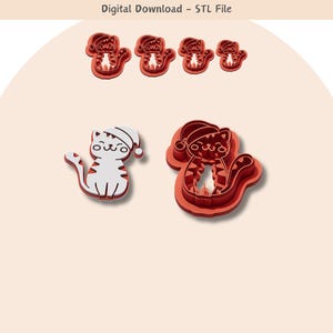 May include: A set of five 3D printed cookie cutters in the shape of a cat wearing a Santa hat. The cutters are red and white and are designed for making Christmas cookies.