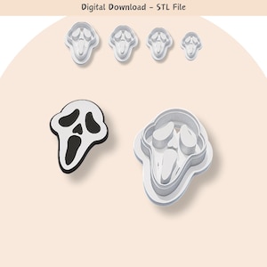 Könnte beinhalten: Ein Satz von vier 3D-gedruckten Ausstechern in Form eines Geistergesichts. Die Ausstecher sind weiß und in verschiedenen Größen erhältlich. Digitaler Download - STL-Datei.