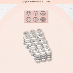 May include: A set of 16 white plastic flower-shaped cookie cutters. The cutters are arranged in a pyramid shape. The image includes the text "Digital Download - STL File".