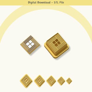 May include: A set of six gold-colored 3D printed square-shaped house models with a window design.  The models are in various sizes, with the largest model being the most detailed.  Digital Download - STL File