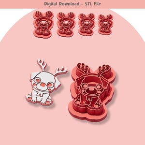 May include: Four red plastic cookie cutters shaped like reindeer with a dog's head and body. The cutters are in various sizes and are arranged in a row. The cutters are for making cookies or fondant.