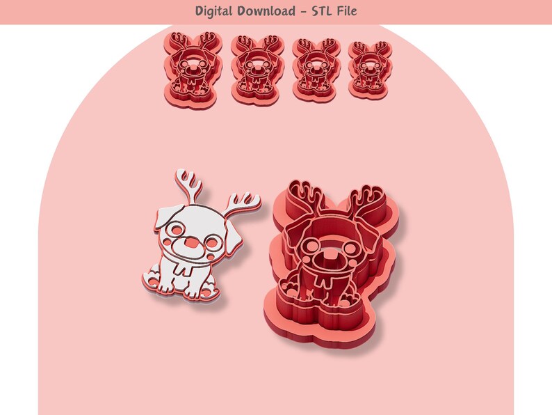 May include: Four red plastic cookie cutters shaped like reindeer with a dog's head and body. The cutters are in various sizes and are arranged in a row. The cutters are for making cookies or fondant.