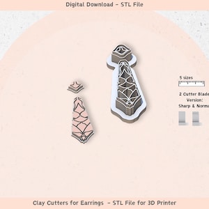 May include: Clay cutters for earrings, designed for 3D printing. The image shows three cutters in a geometric design, with a light pink and white color scheme. The text indicates the availability of 5 sizes and 2 blade versions.
