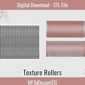 May include: Two pink and white textured rollers for creating patterns on clay or other crafts. The rollers are 3D printed and available for digital download as an STL file. Digital Download - STL File. Texture Rollers. MF3dDesignSTL