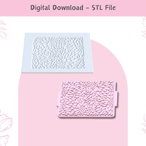 Puede incluir: Un molde de plástico blanco con un diseño en relieve de pequeñas formas irregulares. El molde se muestra junto a un molde de silicona rosa con el mismo diseño. Descarga digital - Archivo STL