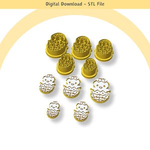 May include: Set of nine gold-colored cookie cutters shaped like Easter eggs and chicks. The cutters are arranged in a circle on a white background.