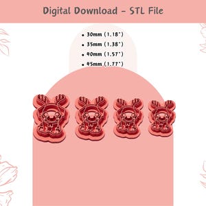 May include: Four red plastic cookie cutters shaped like a reindeer with antlers. The cutters are available in four sizes: 1.18 inches, 1.38 inches, 1.57 inches, and 1.77 inches.