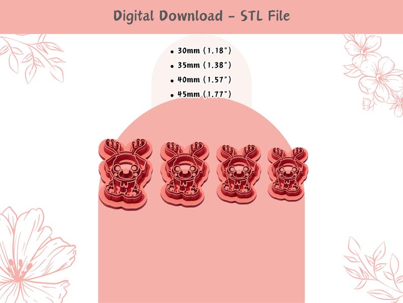 May include: Four red plastic cookie cutters shaped like a reindeer with antlers. The cutters are available in four sizes: 1.18 inches, 1.38 inches, 1.57 inches, and 1.77 inches.