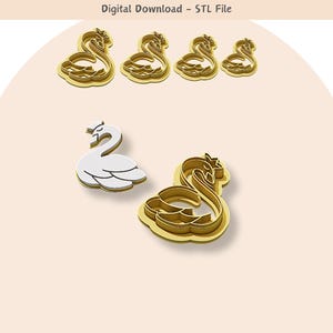 May include: A set of six gold-coloured swan cookie cutters. The cutters are in the shape of a swan with its head turned to the side. The cutters are arranged in a row, with the largest cutter in the centre and the smallest cutters on either end. The cutters are on a light beige background. Digital Download - STL File