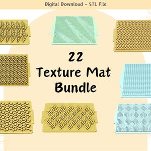 Könnte beinhalten: Neun Texturmatten mit verschiedenen Mustern, darunter Blätter und geometrische Formen, in Gold- und Blautönen. Der Text "22 Texture Mat Bundle" ist abgebildet. Digitaler Download STL-Datei.