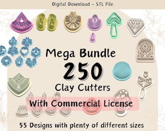 May include: A digital download of 250 clay cutter designs in various shapes and sizes, including geometric, floral, and abstract patterns. The bundle includes a commercial license.  Mega Bundle 250 Clay Cutters With Commercial License 55 Designs with plenty of different sizes
