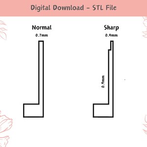 May include: A digital download of an STL file for a 3D printed L-shaped bracket. The image shows two versions of the bracket: a normal version with a 0.7 mm thickness and a sharp version with a 0.4 mm thickness.