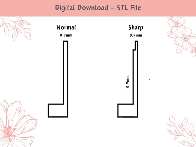 May include: A digital download of an STL file for a 3D printed L-shaped bracket. The image shows two versions of the bracket: a normal version with a 0.7 mm thickness and a sharp version with a 0.4 mm thickness.