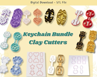 May include: A set of 12 digital STL files for 3D printing keychain clay cutters. The cutters feature various designs, including a paw print, a heart, a star, a cross, a soccer ball, a baseball, an owl, an eye, a butterfly, and a cat. The text "Keychain Bundle Clay Cutters" is displayed in the center of the image.