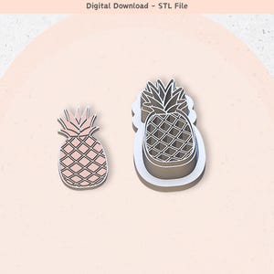 May include: Two pineapple cookie cutters, one large and one small. The large cutter is black and the small cutter is pink.