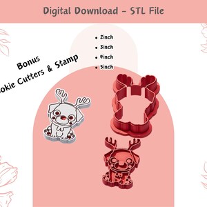 May include: Digital download STL file for a reindeer cookie cutter in 2, 3, 4, and 5 inch sizes. The image shows a red plastic cookie cutter in the shape of a reindeer with antlers.