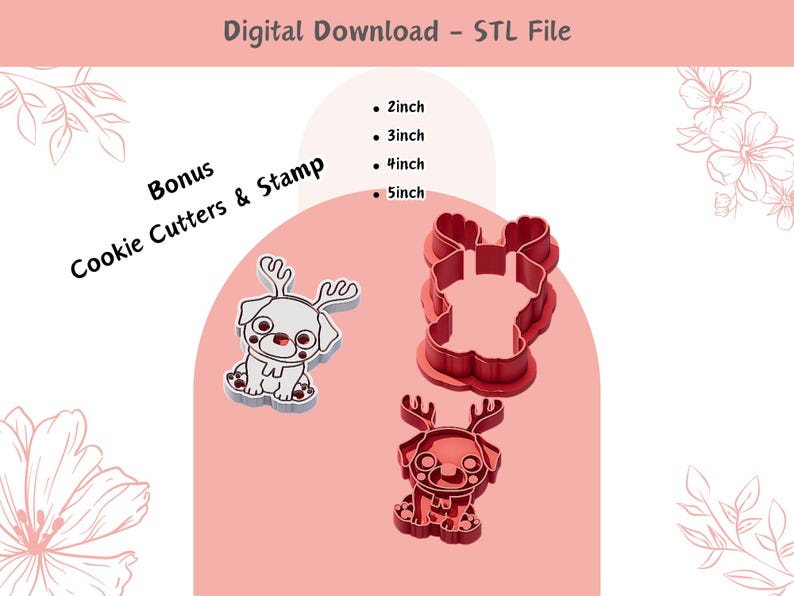 May include: Digital download STL file for a reindeer cookie cutter in 2, 3, 4, and 5 inch sizes. The image shows a red plastic cookie cutter in the shape of a reindeer with antlers.