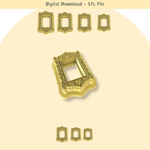 May include: Five gold ornate picture frames with intricate details. The frames are arranged in a row at the top of the image and three more are arranged in a row at the bottom of the image. The frames are all the same size and shape. Digital Download - STL File.