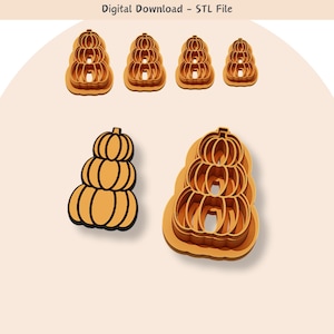 以下が含まれることがあります： 積み重ねられたカボチャの形をした3Dプリントクッキーカッター5個セット。カッターはオレンジとブラウンで、細部までこだわったデザインです。デジタルダウンロード - STLファイル