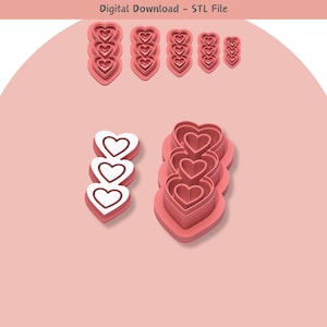 Valentine 3 Hearts Clay Cutter: Jewelry & Cookie Design (Digital STL File)