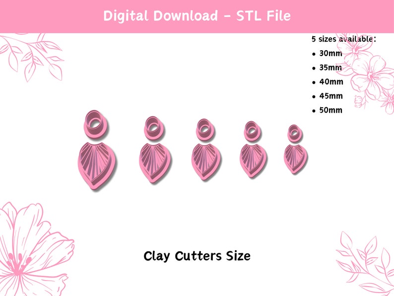 May include: Five digital download STL files for clay cutters in the shape of a heart with a decorative top. The cutters are available in five sizes: 30mm, 35mm, 40mm, 45mm, and 50mm.