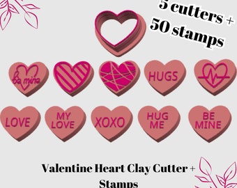 Valentine Heart Clay Cutter & Stamp Set: 5 Sizes (Digital STL File)