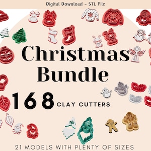 May include: A set of 168 red, white, and green Christmas-themed clay cutters. The cutters are arranged in a circle around the words "Christmas Bundle".