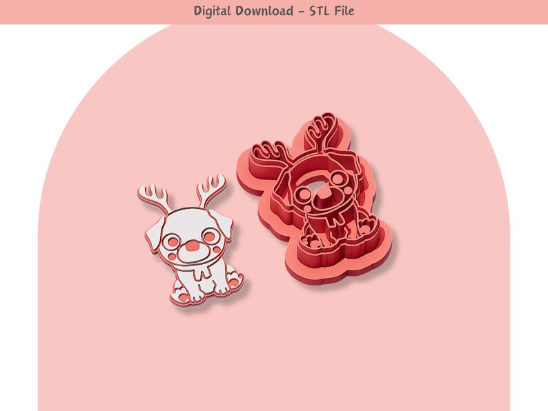 May include: Two 3D printed cookie cutters in the shape of a dog wearing a reindeer antler headband. The cutter on the left is white and the cutter on the right is red.