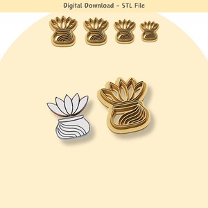 May include: Five digital downloads of STL files for 3D printing. The files are for a plant pot with a stylized plant design. The plant pot is shown in two sizes, with the larger pot having a more detailed design.
