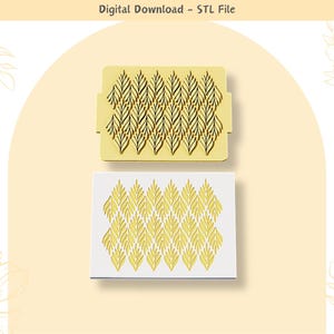 Op de afbeelding: Een digitale download van een STL-bestand voor een 3D-geprint ontwerp van een geometrisch patroon van bladeren. Het ontwerp wordt in twee weergaven getoond, een met een zwart-wit patroon en de andere met een geel patroon.