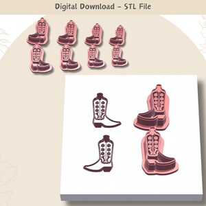 Puede incluir: Descarga digital de archivo STL para un diseño de bota vaquera imprimible en 3D. La imagen muestra una bota blanca con detalles florales y una bota marrón con un diseño floral. El diseño está disponible para descargar en formato STL.