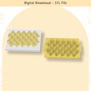 Pode incluir: Dois arquivos de download digital para um molde impresso em 3D. O molde é um retângulo branco com um padrão de ondas sobrepostas. O segundo arquivo é um retângulo dourado com o mesmo padrão.