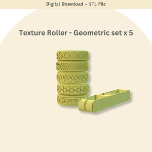 Può includere: Un set di cinque rulli a texture geometriche per progetti di artigianato e arte. I rulli sono impilati in un supporto, e il supporto è in plastica marrone chiaro. I rulli sono in gomma marrone chiaro e presentano diversi motivi geometrici.